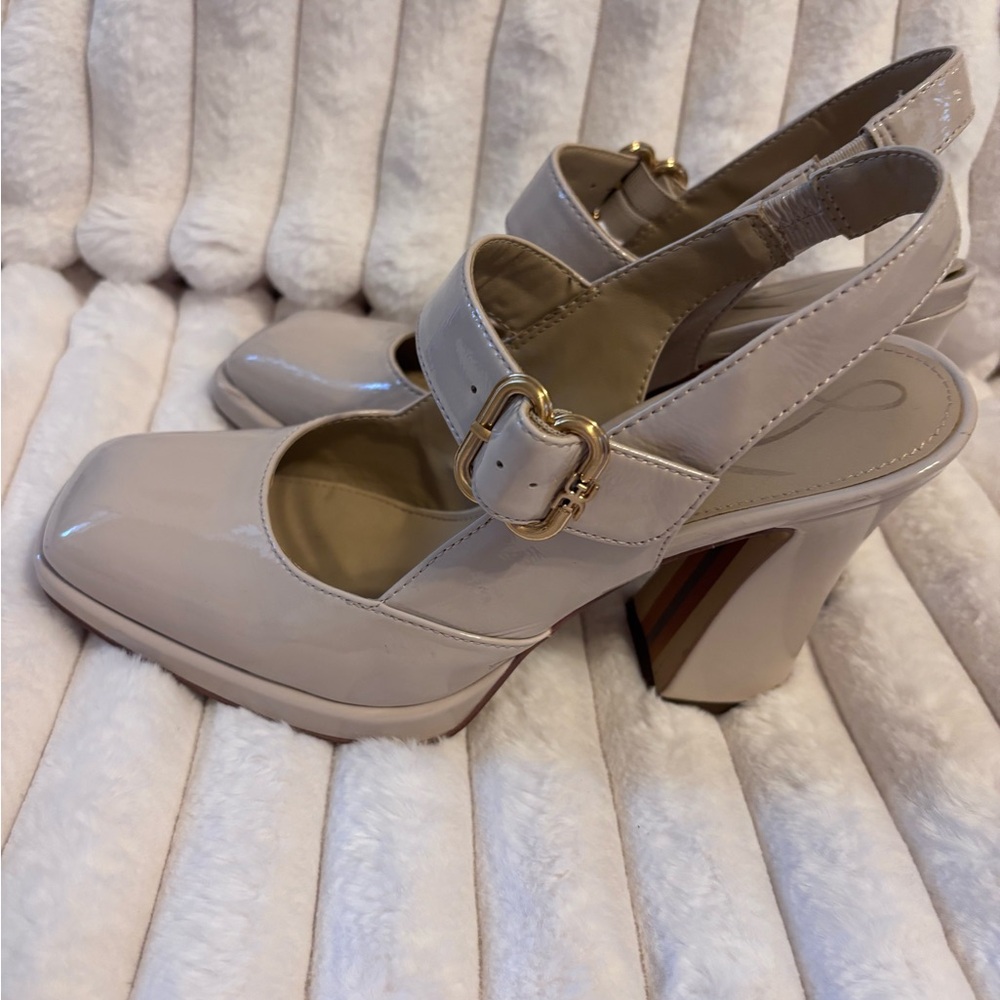 Anthropologie Cream Patent Block Heels